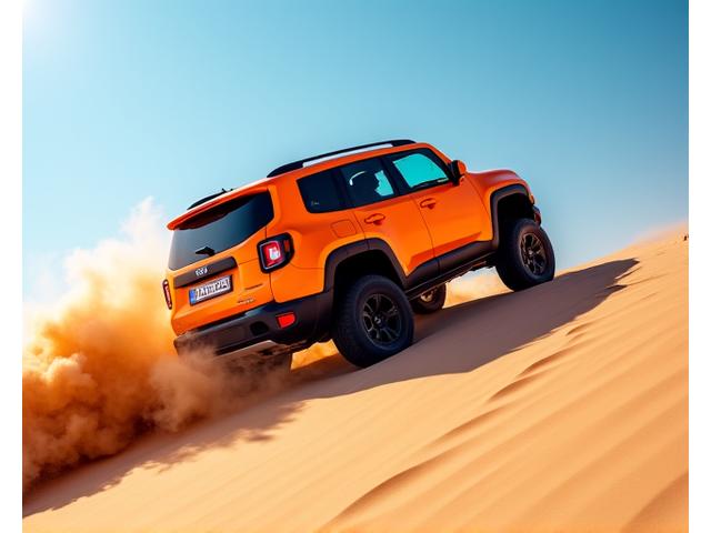 Un 4x4 robuste orange de Désert Roule gravissant une dune, projetant du sable.
