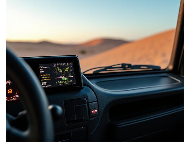 Intérieur d'un 4x4 Désert Roule avec GPS et équipement de navigation.