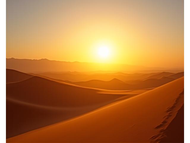 Lever de soleil doré sur une vaste dune de sable du Sahara.