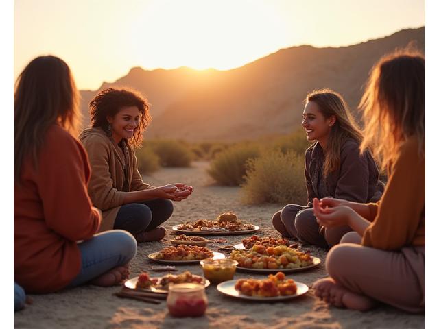 Groupe de personnes partageant un repas en plein air dans un cadre désertique.